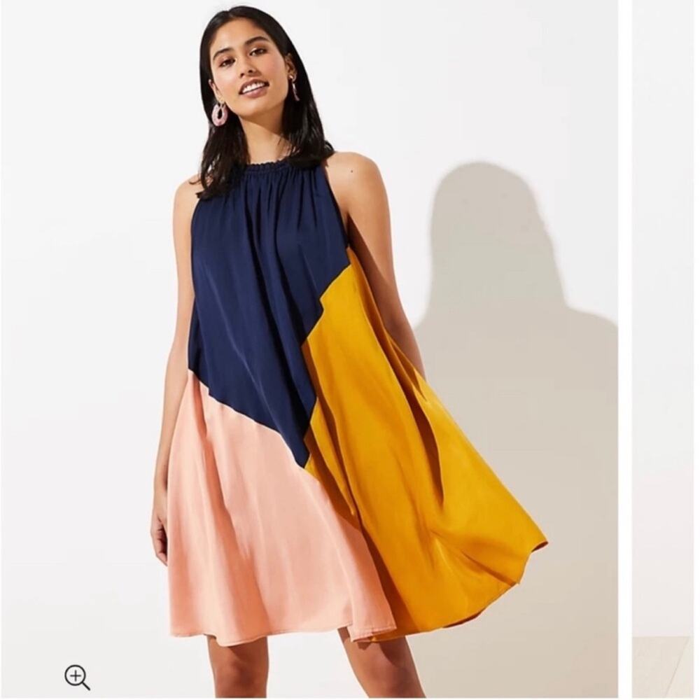 LOFT Colorblock Halter Swing Dress SP gold and navy NEW
